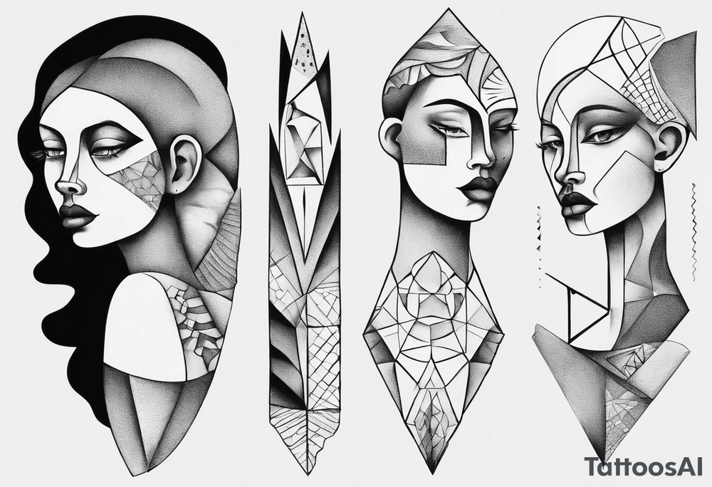 Abstract fine line woman dotwork tattoo idea