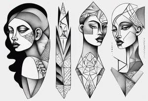 Abstract fine line woman dotwork tattoo idea