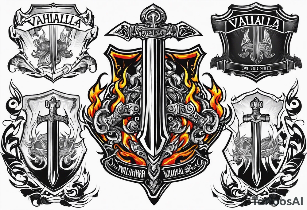 Valhalla on  fire shield sword tattoo idea