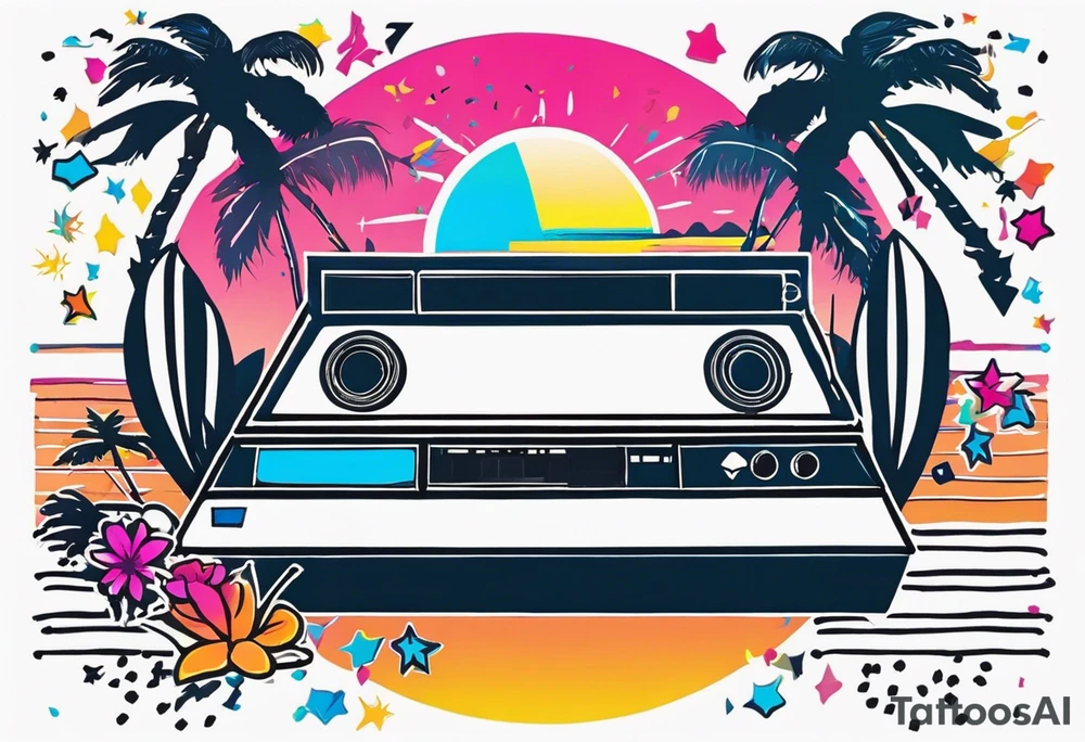 1980's miami vice style beach dance 
party, include confetti, music notes, boom box, bikinis sunset in the center tattoo idea