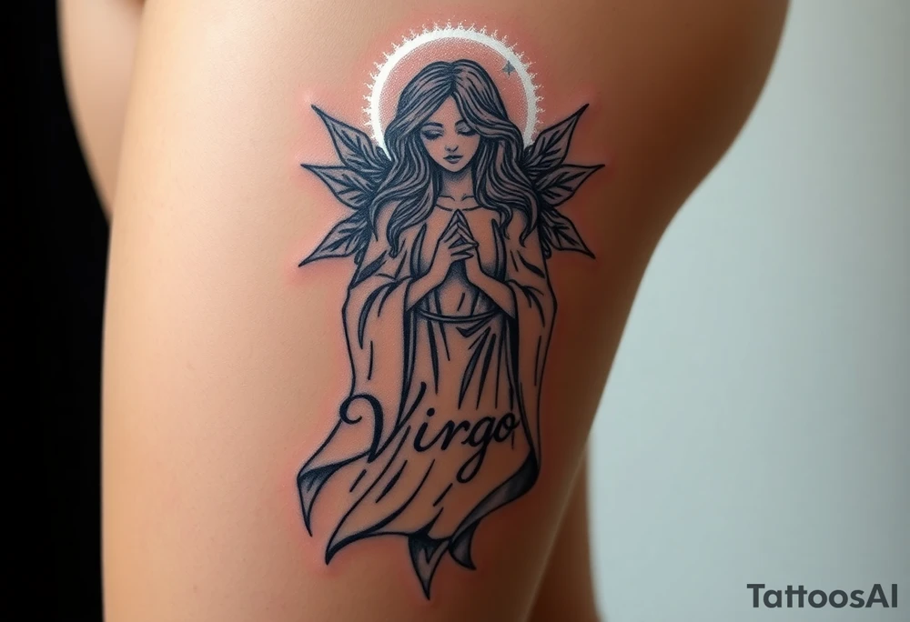 A celestial woman with glowing silver robe on her skin with word virgo tattoo idea