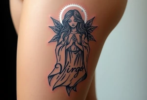 A celestial woman with glowing silver robe on her skin with word virgo tattoo idea