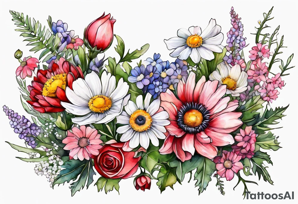 wildflowers cascading with thistles, ferns, white anemones, sun flowers, buttercups, pink flowers, red flowers, babys breath and daisies all in watercolor tattoo idea