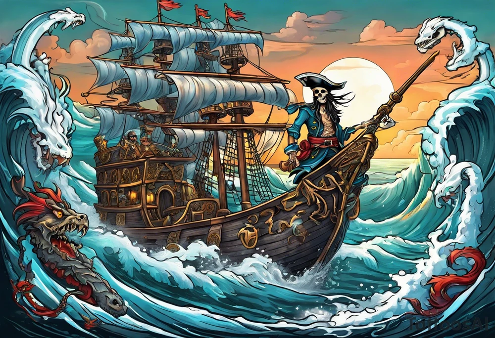 skeleton pirates fighting a sea serpent tattoo idea