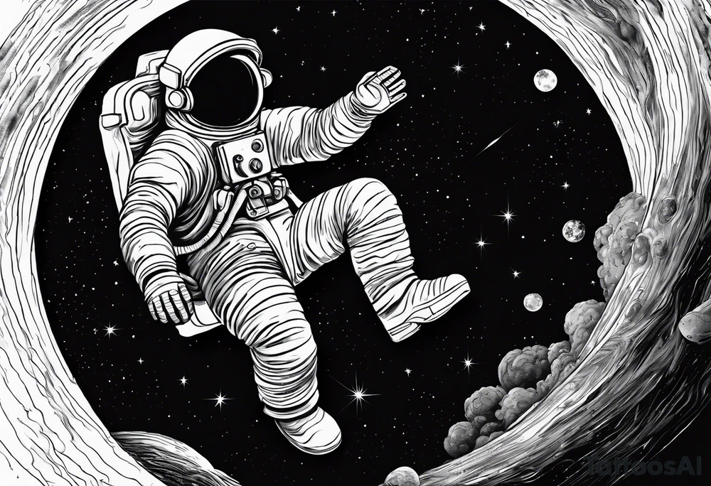 one astronaut reaching out into the void for his astronaut partner is being pulled into a black hole the looks identical to earth tattoo idea
