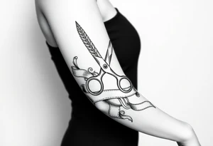 Ornate scissors and comb clippers tint brush wrapped around ribbon tattoo idea