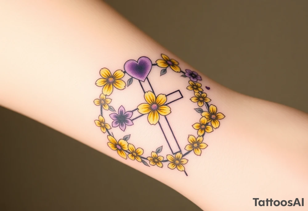 Yellow daisy Purple Hearts around a cross tattoo idea