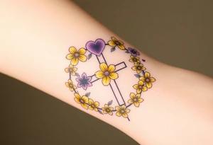 Yellow daisy Purple Hearts around a cross tattoo idea