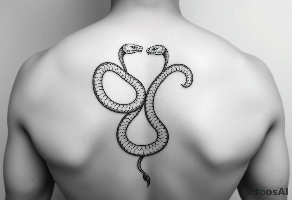 Id like a back tattoo with two snakes.  The illustration should be minimal with "skin-break."  I'd like the tails to be intertwined to accentuate my upper buttocks/upper butt crack, and Id like the snakes to moving upwards to the upper back, with the heads stopping just under my shoulder blades.  Almost like a "V shape" but very organic, like a symmetrical winding road.  Id like the tattoo to be sexy and accentuate my back to make my waist look small.  Black and white. Minimal.  Fine line. Please use a male body type. tattoo idea