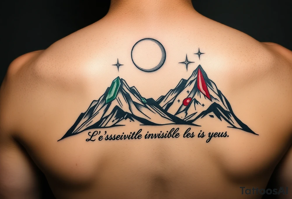 4 mountains. One mountain made of blue sapphire. One mountain of green emerald. One mountain made of red ruby. One mountain made of white pearl. Night time with moon and stars. Some stars spell out "L'essentiel est invisible pour les yeux" as a constellation tattoo idea