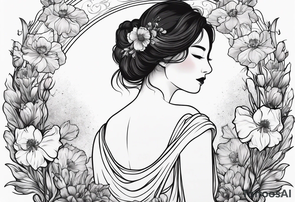 Female  no face from behind outline surrounded by carnations
snow drops, iris, poppies, cosmos, and narcissus tattoo idea