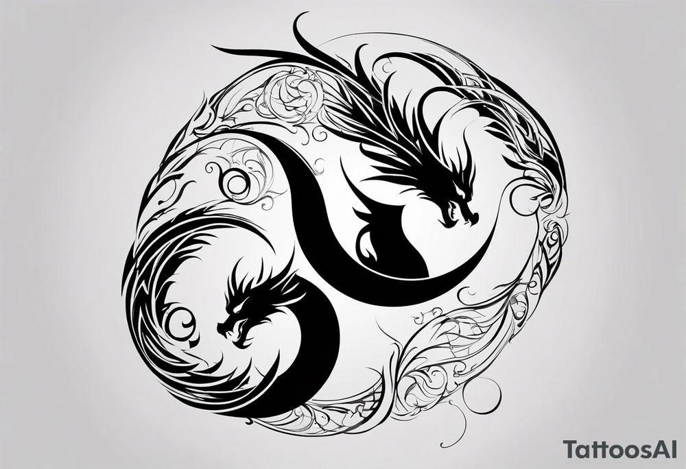 For a Gen Z-inspired dragon and phoenix tattoo, think of a clean, minimalist design that combines symbolism with bold, sleek lines. Imagine a dragon and phoenix spiraling together in a yin-yang-inspired layout. The dragon has a slightly abstract, modern shape, with sharp, flowing lines to show power, resilience, and wisdom, while the phoenix is rendered with sweeping curves and minimal detailing, symbolizing rebirth, growth, and transformation.

Both creatures should interact harmoniously, representing balance and duality. To keep it meaningful, focus on line work rather than intricate shading—clear, open spaces allow the tattoo to feel light and energetic. Adding small symbols, like stars or a faint galaxy backdrop, can enhance the "rising from ashes" and "strength through challenge" themes. This design will appeal timelessly while resonating with Gen Z’s love for symbolism and simplicity. tattoo idea