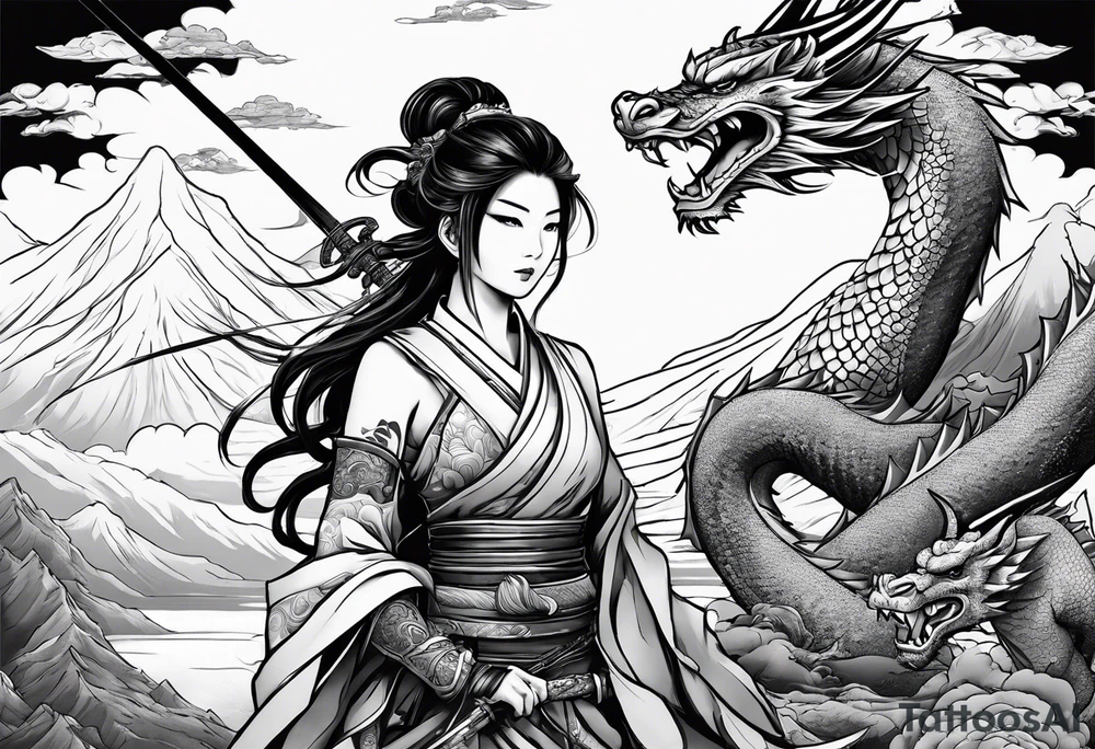 warrior nymph full body with sword and a full dragon with a mountain with cloud and Japanese building background tattoo idea