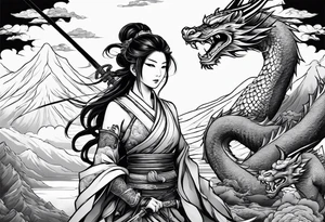 warrior nymph full body with sword and a full dragon with a mountain with cloud and Japanese building background tattoo idea