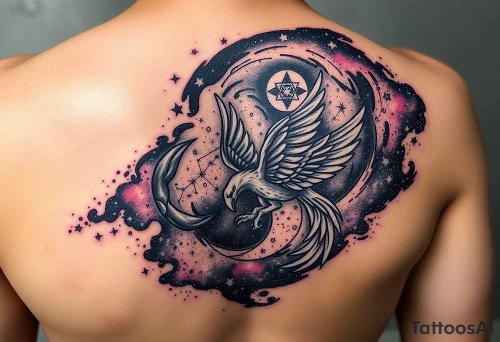 A swirling galaxy nebula, with embedded constellations forming the shapes of a scorpion, eagle, and phoenix. Textured cosmic dust and vibrant colors create depth and obscure the original tattoo. tattoo idea