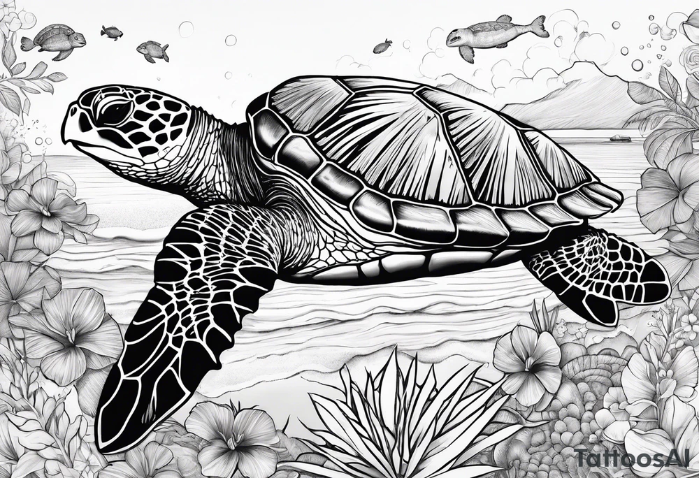 Hawian flowers sea turtles beach tattoo idea