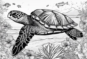 Hawian flowers sea turtles beach tattoo idea