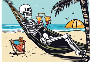 skeleton wearing a button up hawaiian shirt relaxing on the beach with a drink in a hammock tattoo idea