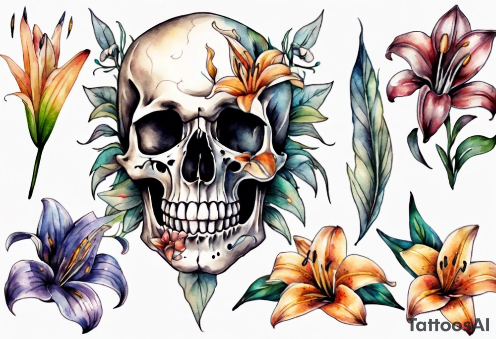 Skull and lilies tattoo idea