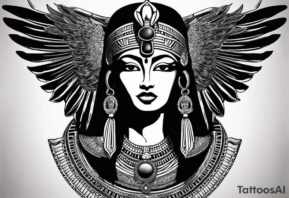 black and white Egyptian goddess Isis, who is often depicted as a woman with outstretched wings, holding an ankh (a symbol of life) in one hand and a lotus flower in the other. Her headdress often includes a throne or a solar disk. The tattoo design can vary in style and size, but it typically aims to capture the essence of this revered Egyptian deity, emphasizing her beauty, power, and maternal qualities. The choice of colors and additional elements can also be customized to create a unique and visually striking representation of the goddess Isis tattoo idea