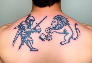 Knight and lion fighting rolling dice tattoo idea