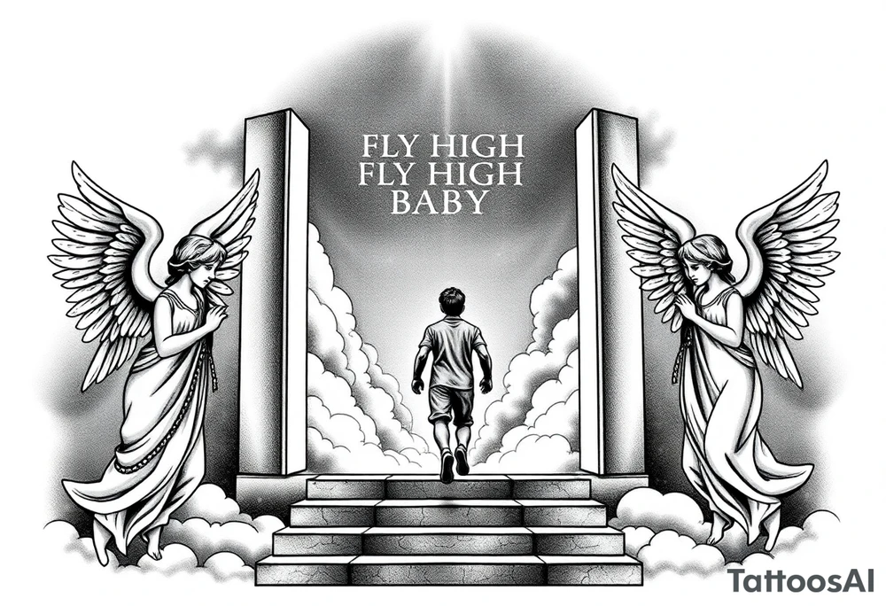 3 angels holding open the gates of heaven with the male figure walking up the steps.Saying fly high baby boy Realistic angels With clouds in the background and I won't text that I fly hi.Gh baby boy chess fully covered tattoo idea