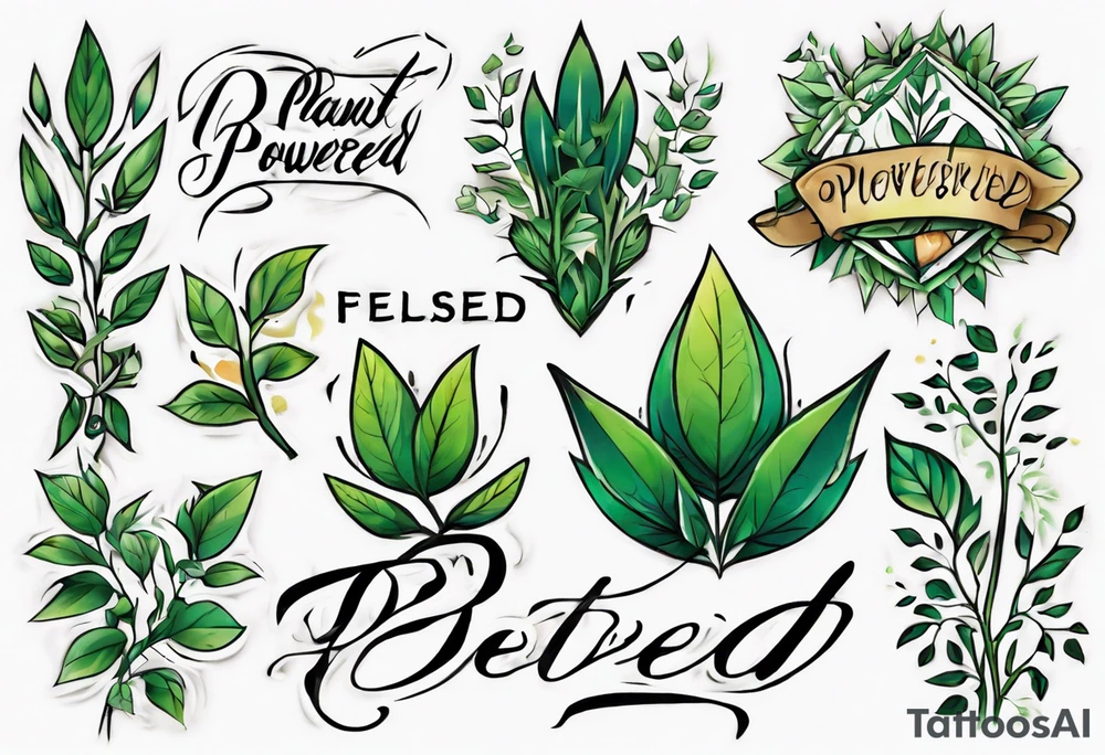 Words “Plant Powered” spelled out with plants and vines through out the words tattoo idea