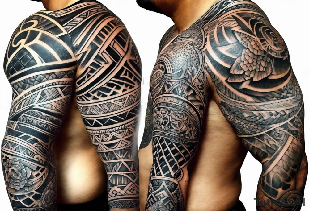 Full Polynesian tribal sleeve with turtle on top on arm tattoo idea Full Polynesian tribal sleeve with turtle on top on arm tattoo idea