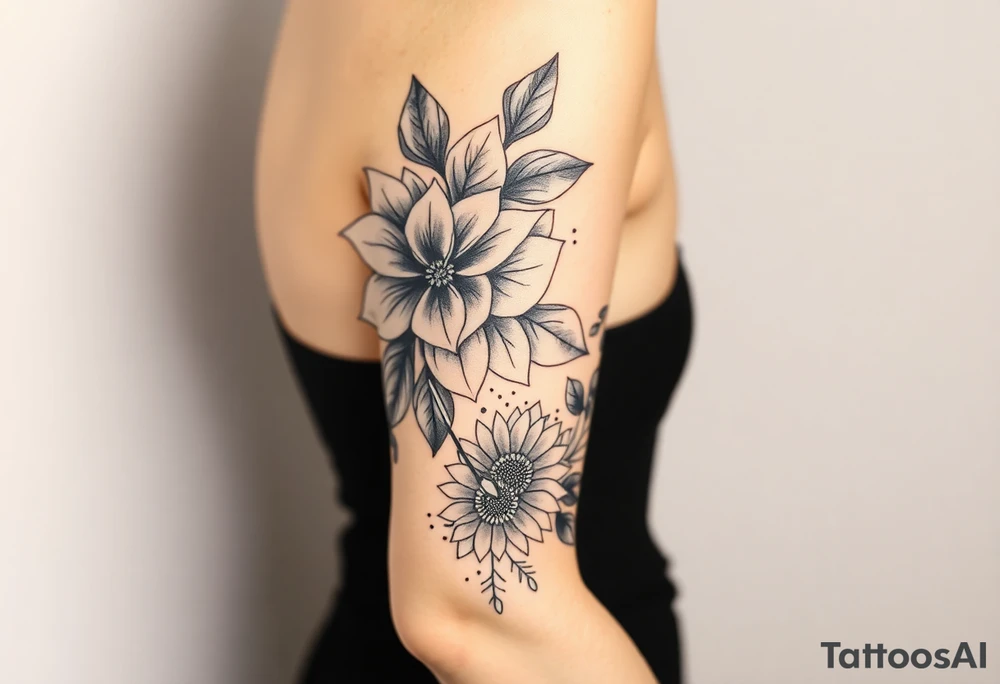 floral composition with japanese vibe, mutiple ornemental patern and leaf, dot geometric ornement, lycoris tattoo idea