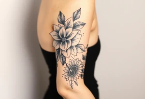 floral composition with japanese vibe, mutiple ornemental patern and leaf, dot geometric ornement, lycoris tattoo idea