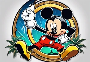 mickey mouse holding lightning with palm trees doing martial arts at the disney castle tattoo idea