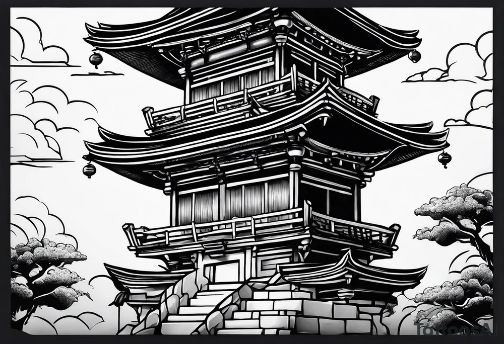 tower with ronin climbing the stairs tattoo idea