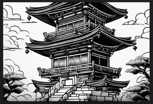 tower with ronin climbing the stairs tattoo idea