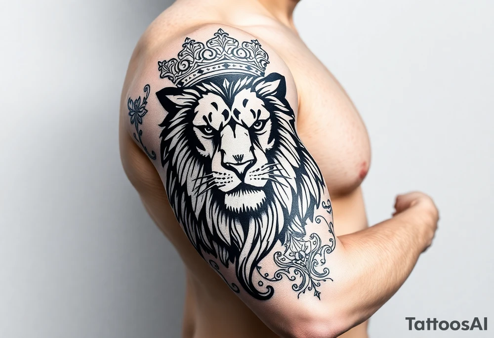 majestic lion wearing ornate crown, surrounded by baroque flourishes tattoo idea
