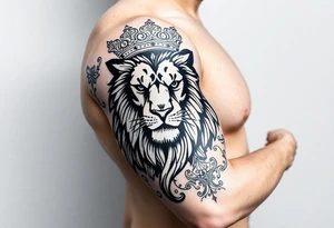 majestic lion wearing ornate crown, surrounded by baroque flourishes tattoo idea