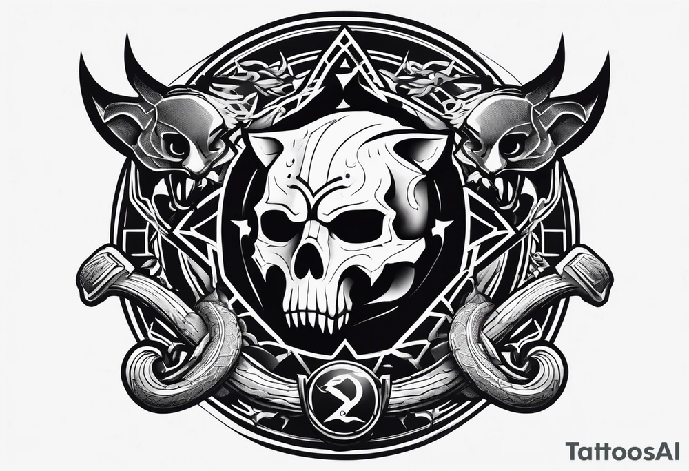 A Hammer and a thunder inside a circle. Beside the circle a skull, a Wolf and a snake tattoo idea
