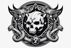 A Hammer and a thunder inside a circle. Beside the circle a skull, a Wolf and a snake tattoo idea