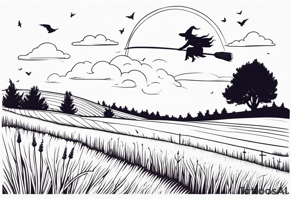 Witch on a broom flying over a field of lavender tattoo idea