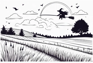 Witch on a broom flying over a field of lavender tattoo idea