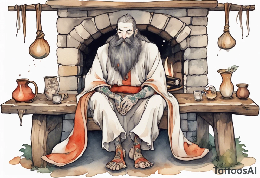 a mushroom-creature with a long beard wearing a  medieval tunic sitting on a bench by a fireplace drinking from a wood cup, happy tattoo idea