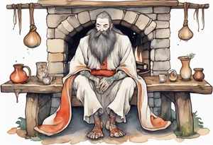 a mushroom-creature with a long beard wearing a  medieval tunic sitting on a bench by a fireplace drinking from a wood cup, happy tattoo idea