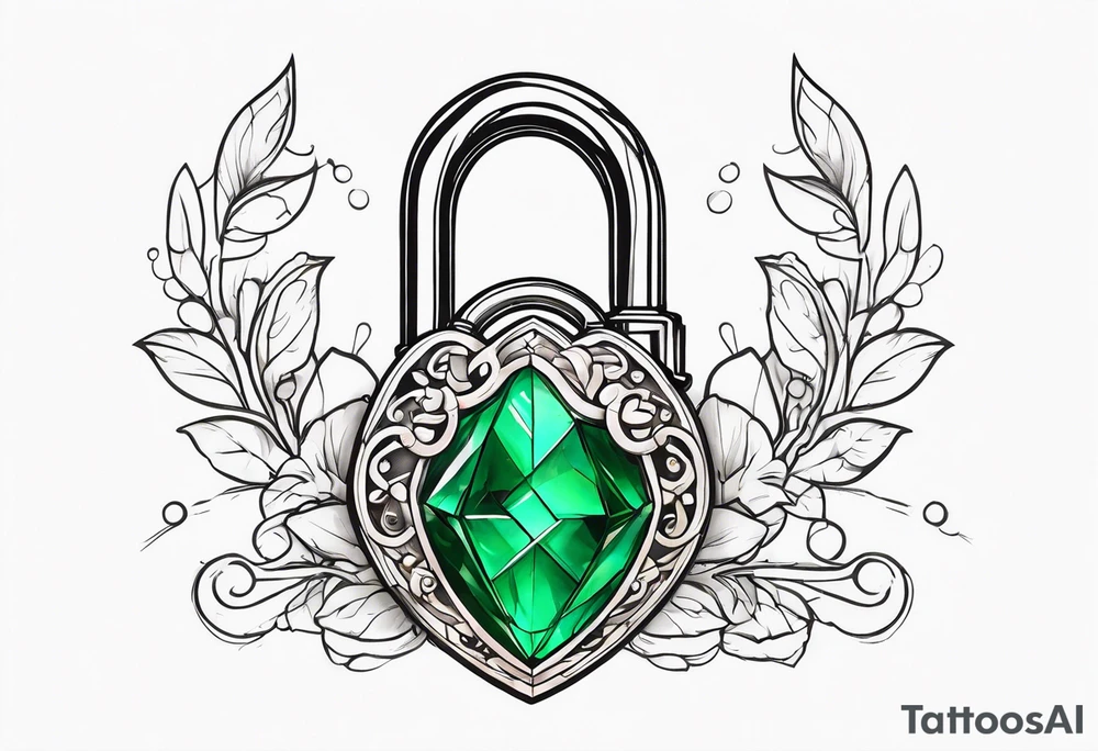 Lock and key with emerald stone tattoo idea