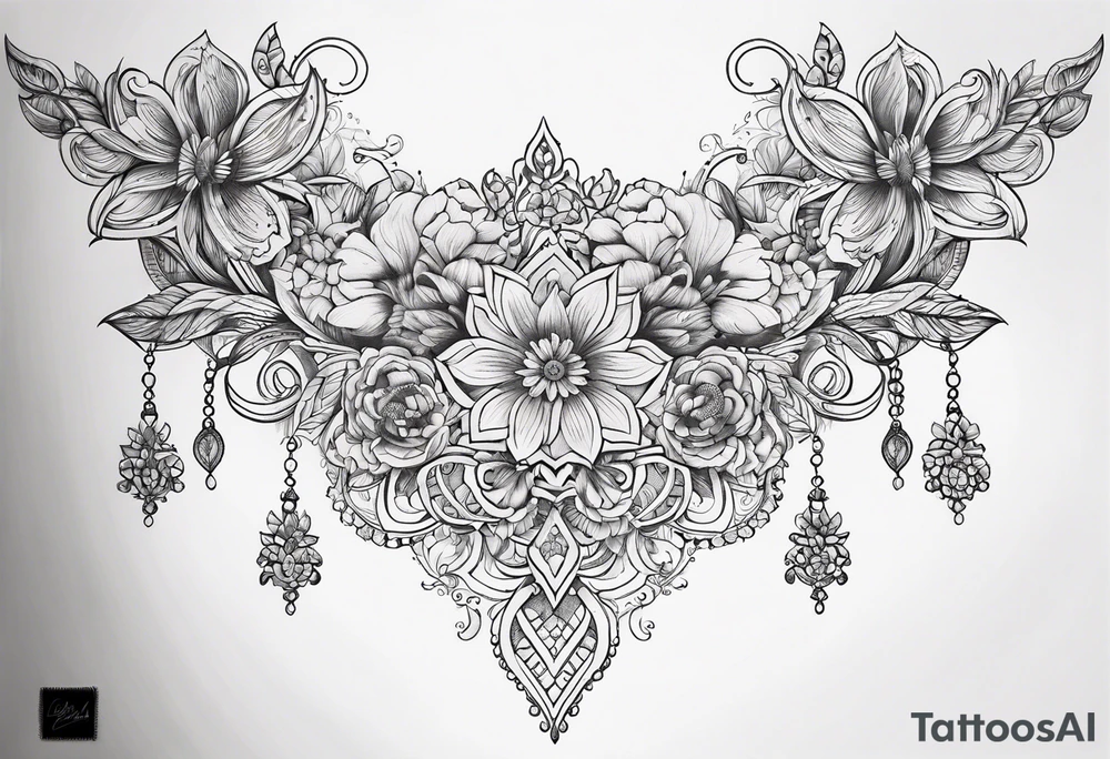 small long ornate floral sternum tattoo tattoo idea