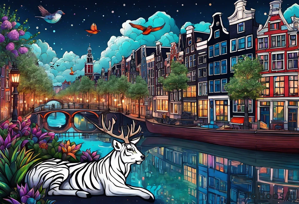 Stag deer with white tiger and birds with pineapples featuring Amsterdam buildings and canal in galaxy colours and Amsterdam buildings and canal in space tattoo idea