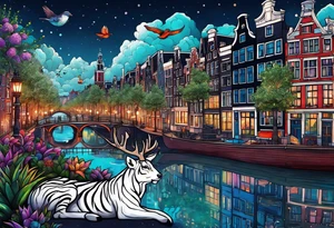 Stag deer with white tiger and birds with pineapples featuring Amsterdam buildings and canal in galaxy colours and Amsterdam buildings and canal in space tattoo idea
