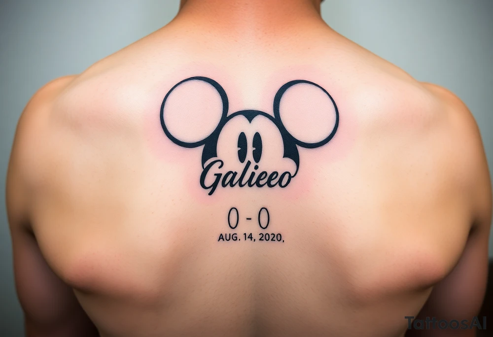 mickey mouse symbol with the name Galileo and the date August 14,2020, incorporated tattoo idea