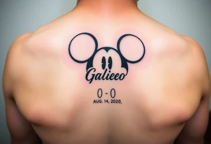 mickey mouse symbol with the name Galileo and the date August 14,2020, incorporated tattoo idea