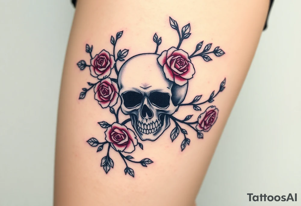 gothic skull intertwined with climbing roses and thorny vines tattoo idea