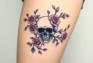gothic skull intertwined with climbing roses and thorny vines tattoo idea