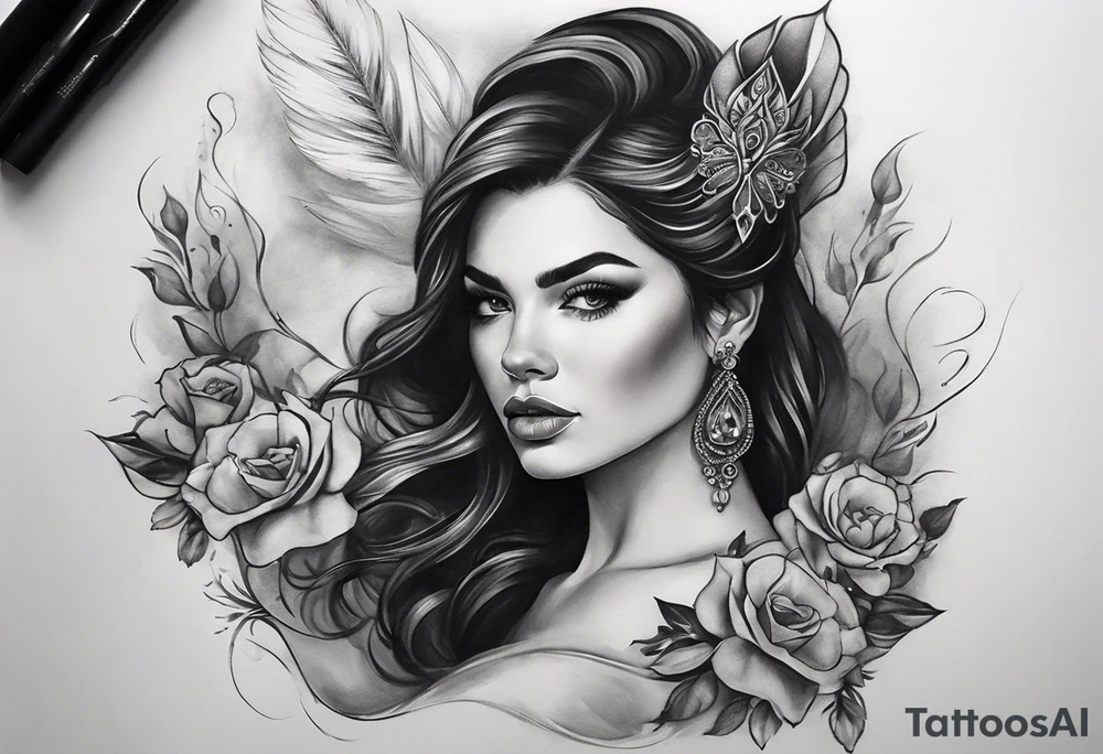 A white woman with dark hair and features. She will be posing sideways portrait style but looking head on. She needs to embody a modern queen. . And the outside of the tattoo can fade away with smoke. It’s for my outer shoulder so it’s about 20x7cm tattoo idea